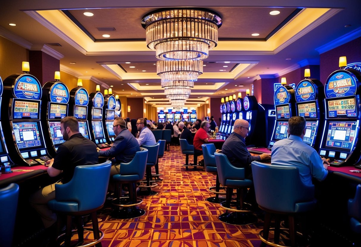 A colorful casino floor with slot machines, card tables, and bright lights. Customers are seen enjoying games and drinks