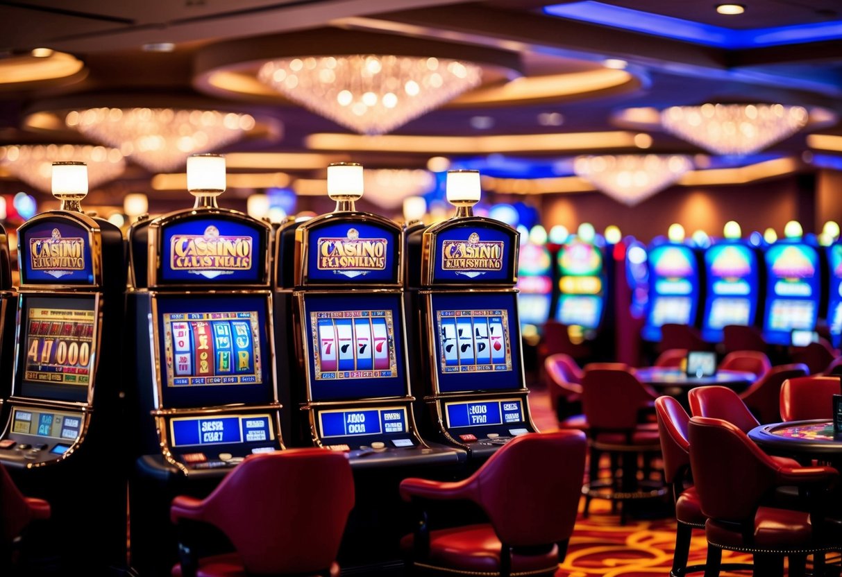 A bustling casino floor with colorful slot machines, card tables, and a lively atmosphere