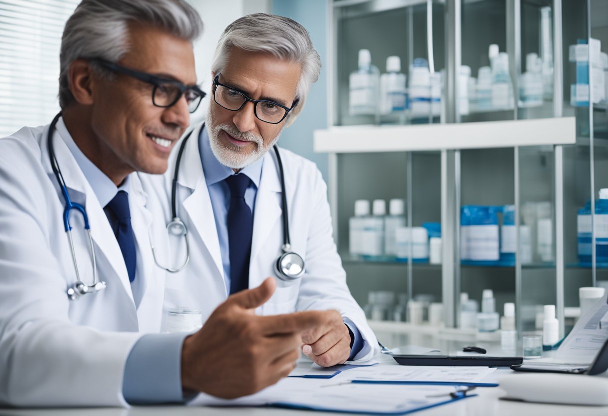 A doctor discussing treatment options with a patient, pointing to a chart showing various medications and insulin pens