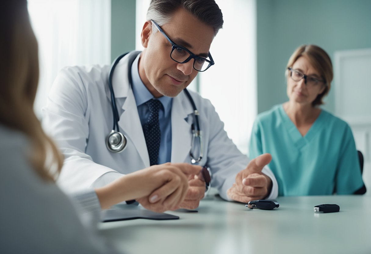 A doctor explaining type 2 diabetes treatment options to a patient in a clinic setting. An insulin pen and oral medication are displayed on the table