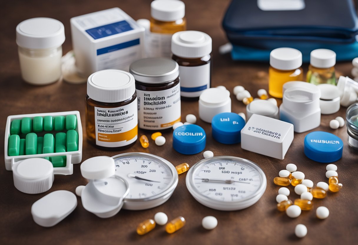 A table with various medications labeled, including insulin. Charts and graphs showing treatment options for diabetes type 2