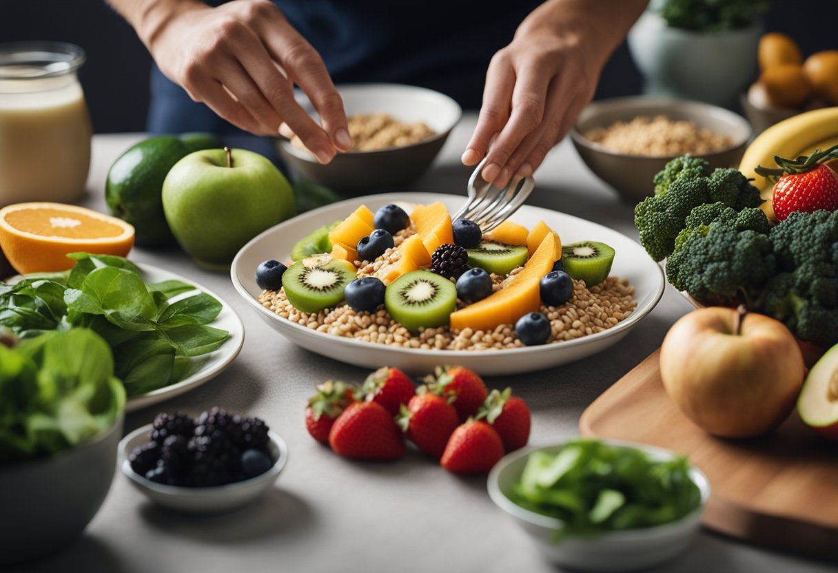 A person preparing a healthy meal with a variety of fruits, vegetables, and whole grains, while also engaging in physical activity such as jogging or yoga