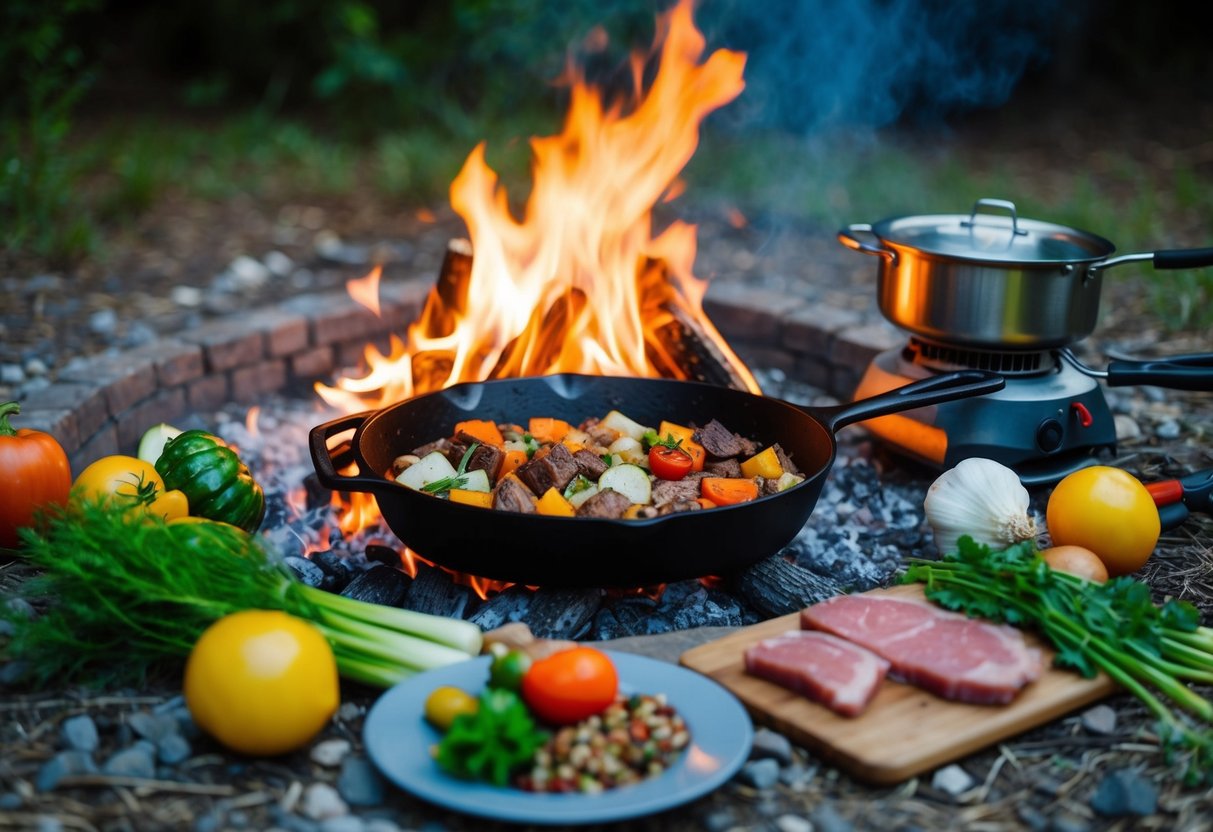A campfire with a cast iron skillet surrounded by various ingredients such as vegetables, meat, and seasonings. A camping stove and cooking utensils are nearby