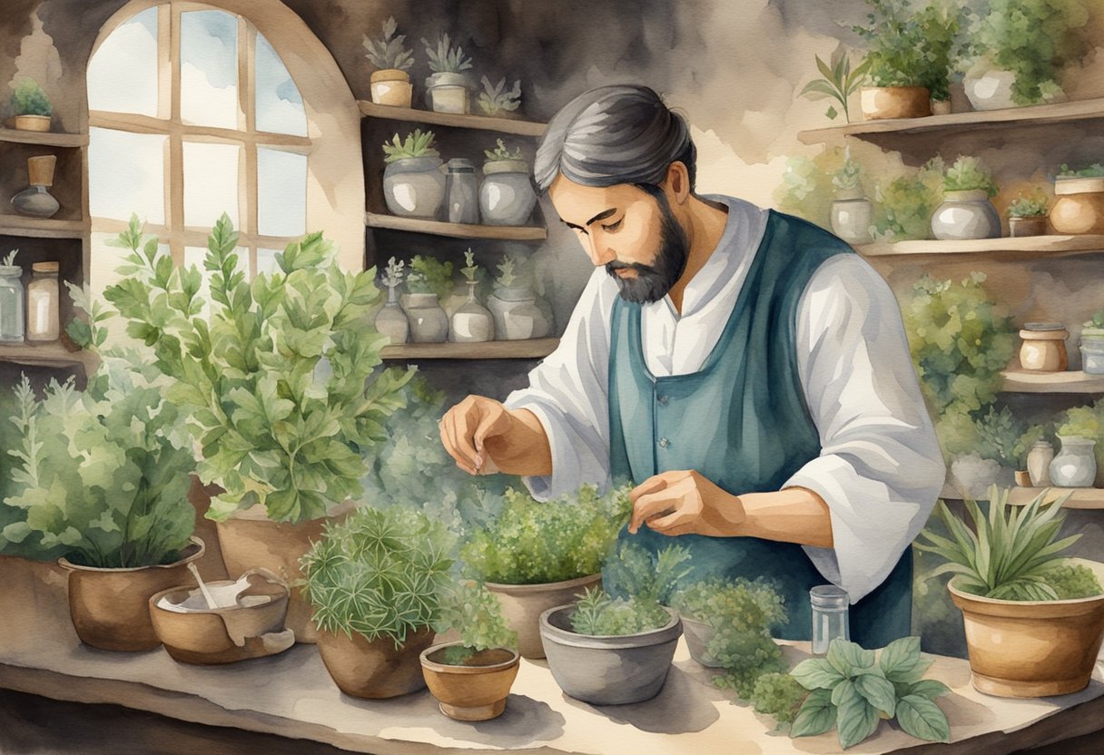 A traditional herbal medicine doctor carefully selecting and preparing various herbs and plants in a rustic apothecary setting