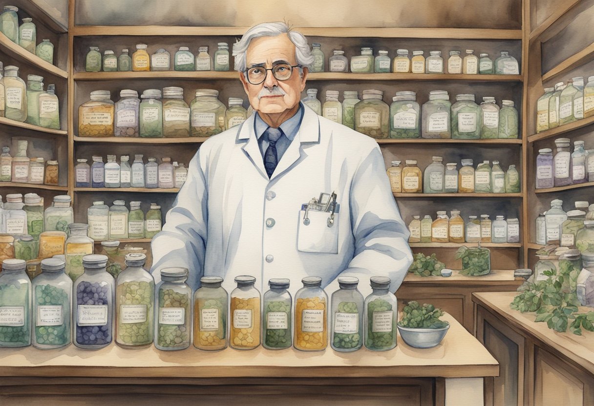 A doctor standing in front of a large scale, weighing herbal remedies with a stern expression. A sign on the wall behind them reads "Regulation and Oversight."