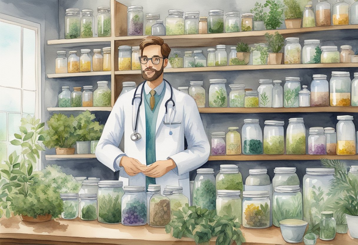 A doctor in a white coat standing in a modern office, surrounded by shelves of labeled jars filled with various herbs and plants