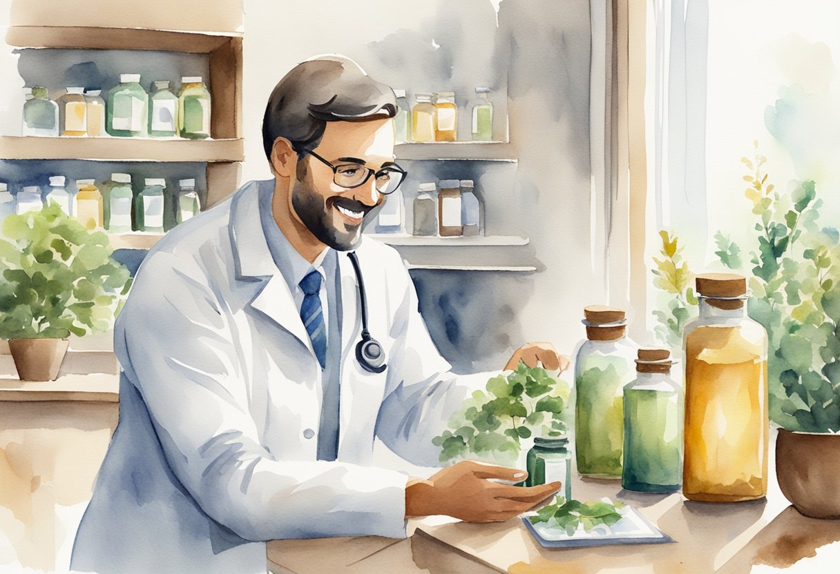 A doctor in a white coat handing a bottle of herbal remedy to a patient with a reassuring smile. The patient looks relieved and grateful