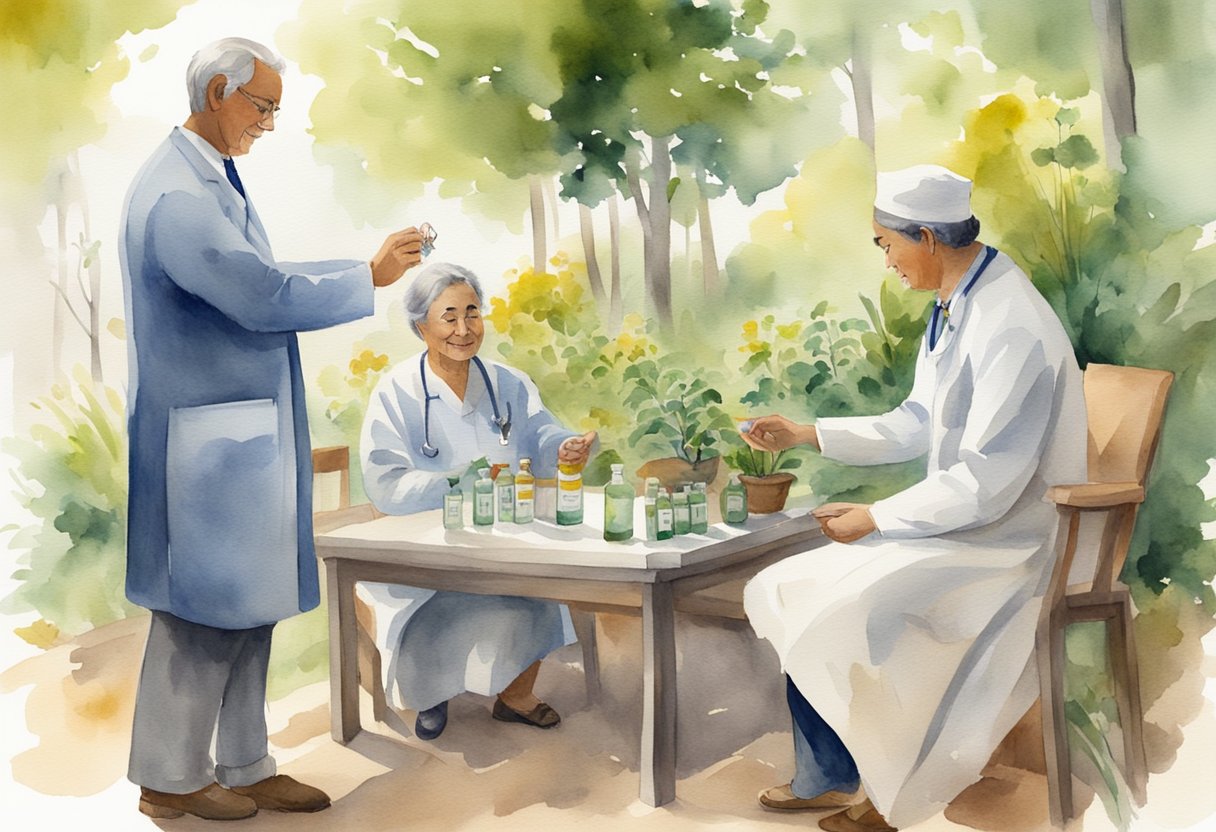 A doctor confidently handing a bottle of herbal remedy to a patient, while other people watch with admiration and trust