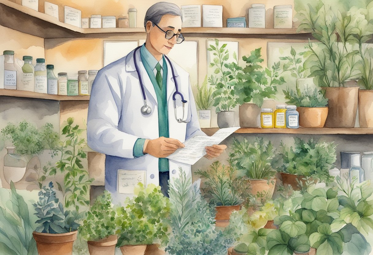 A doctor holding a prescription pad, surrounded by various herbs and plants, with a sign reading "Herbal Remedies Prescribed Here."