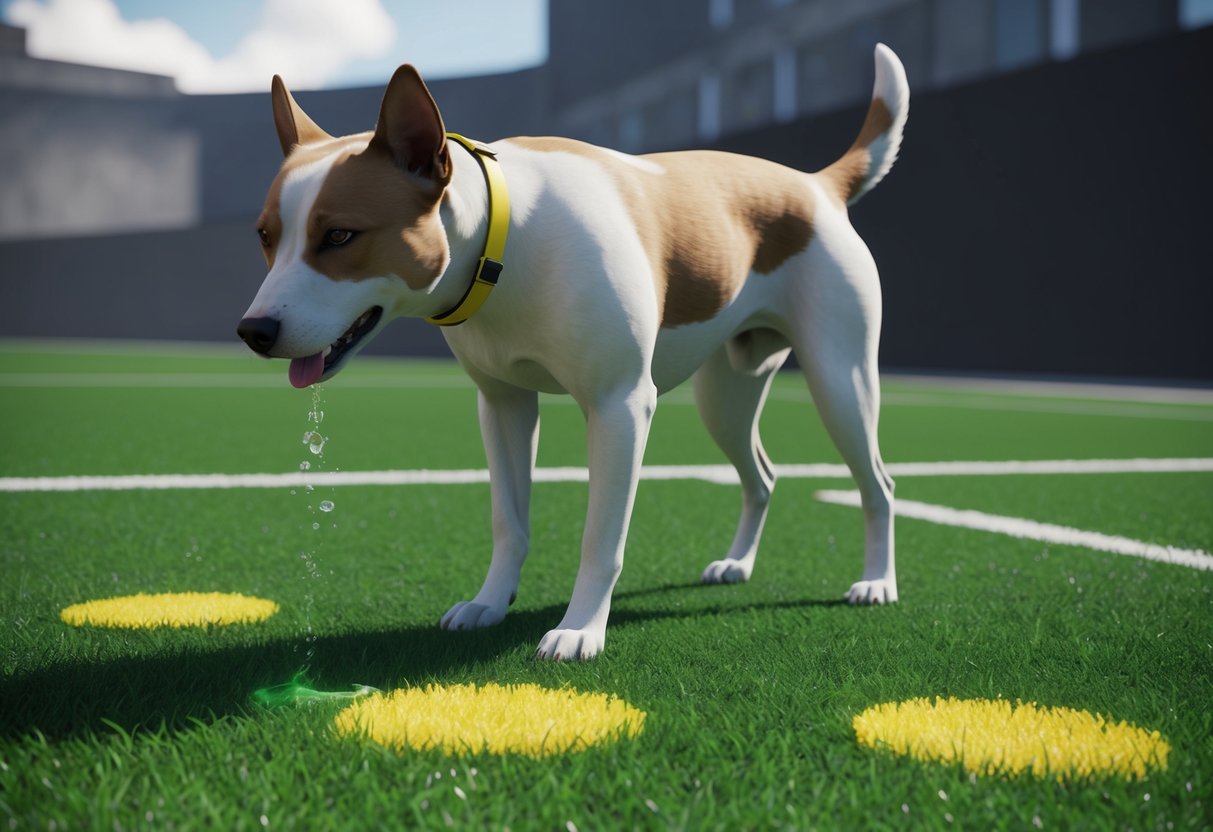 A dog urinating on turf, with visible yellow stains and a pungent odor