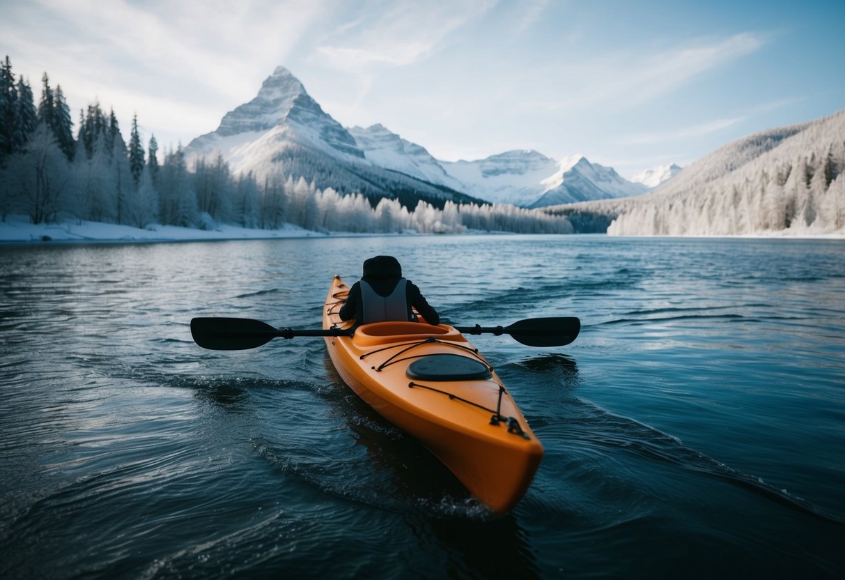 A lone kayak glides through icy waters, surrounded by snow-capped mountains and frosty trees