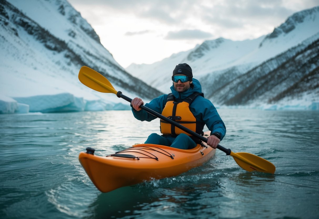 A kayaker paddling through icy waters, surrounded by snow-covered mountains and wearing thermal gear to combat the cold weather challenges