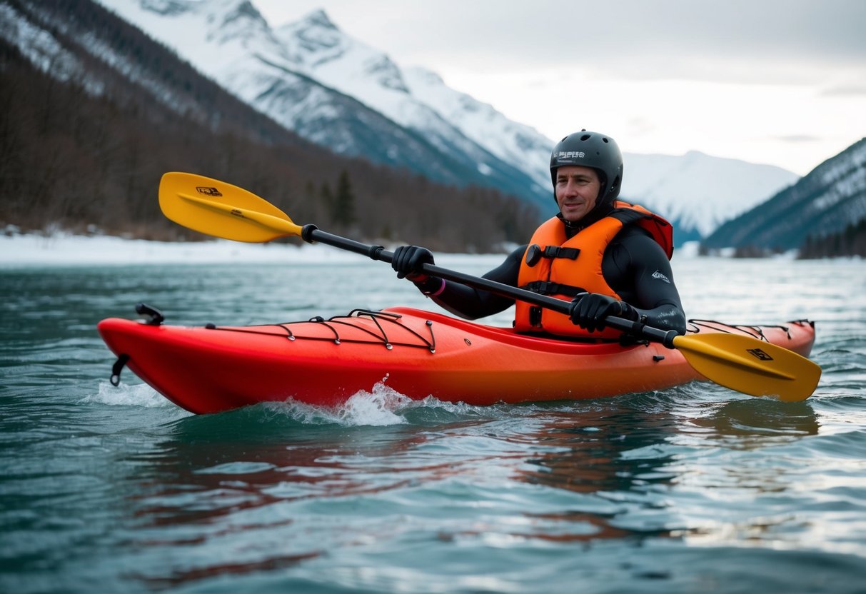 A kayaker in a bright red kayak paddles through icy waters, wearing a thick wetsuit and a bright orange life jacket. Snow-capped mountains loom in the background