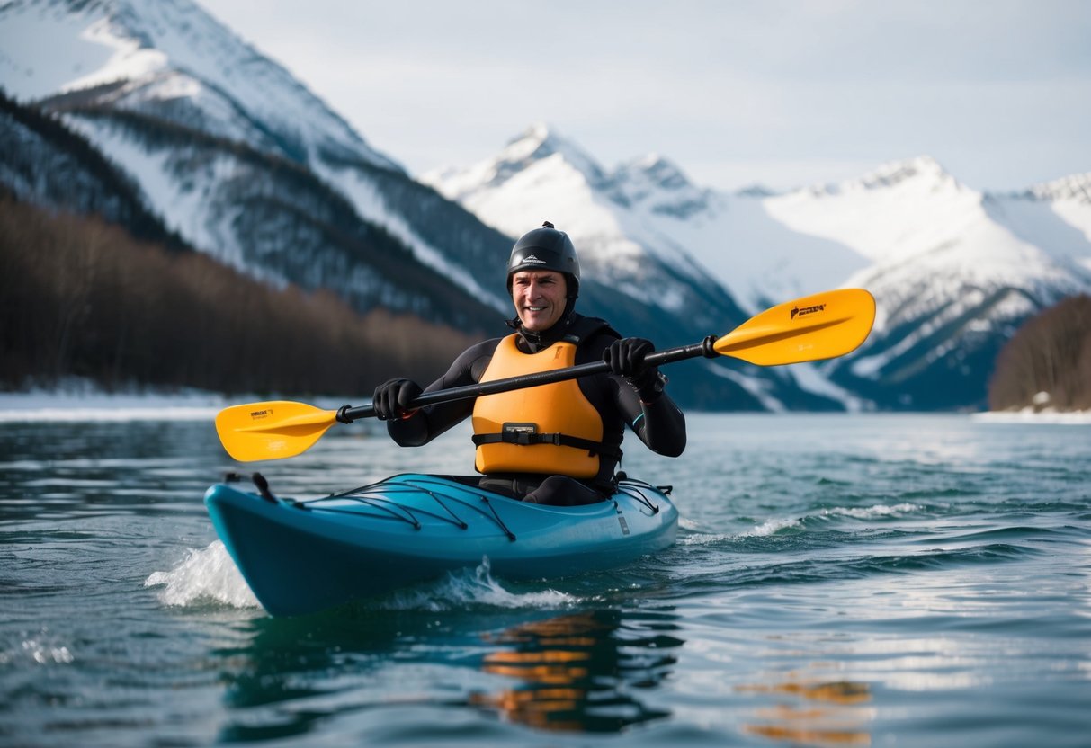 A kayaker paddling through icy waters, wearing a thick wetsuit and gloves, with snow-capped mountains in the background