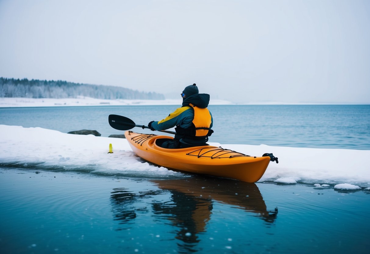 A kayaker in cold weather gear prepares their kayak on a snowy shoreline, with a backdrop of icy blue water and a misty, snow-covered landscape