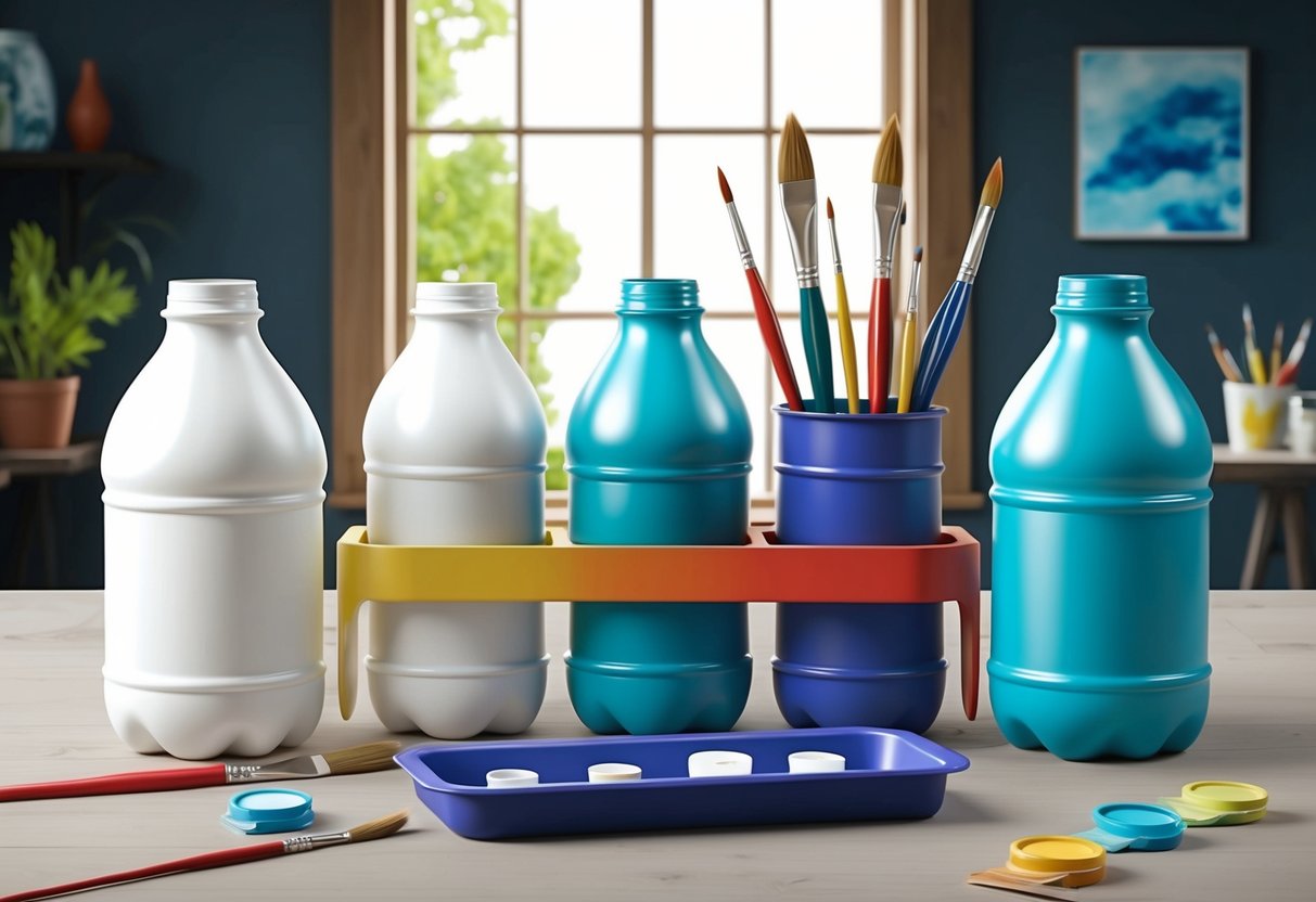Empty milk jugs repurposed as paintbrush holders and trays for beginner painters