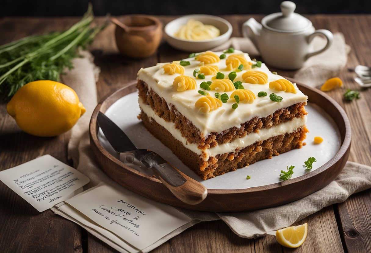 Um bolo de cenoura caseiro com cobertura de limão está em uma mesa de madeira rústica, cercado por cenouras frescas e um cartão de receita escrito à mão.