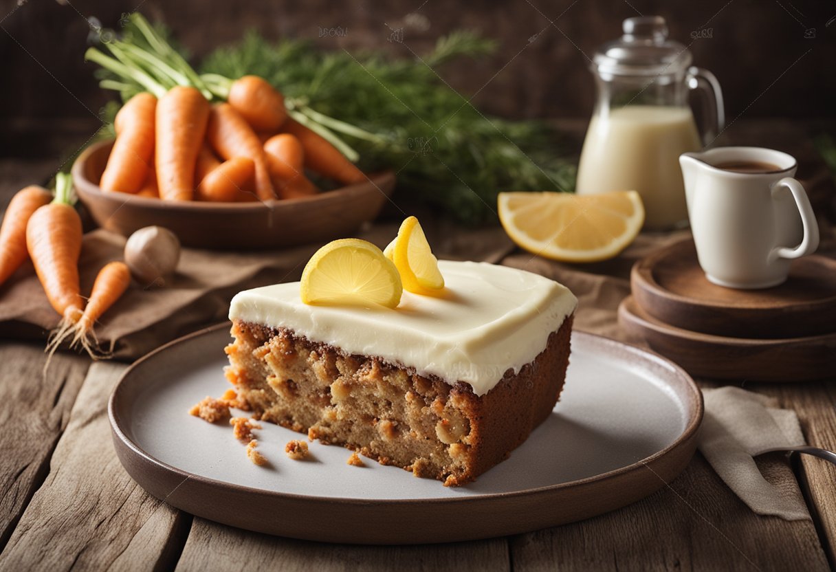 Um bolo de cenoura caseiro com cobertura de limão está sobre uma mesa de madeira rústica, cercado por cenouras frescas e um livro de receitas vintage.