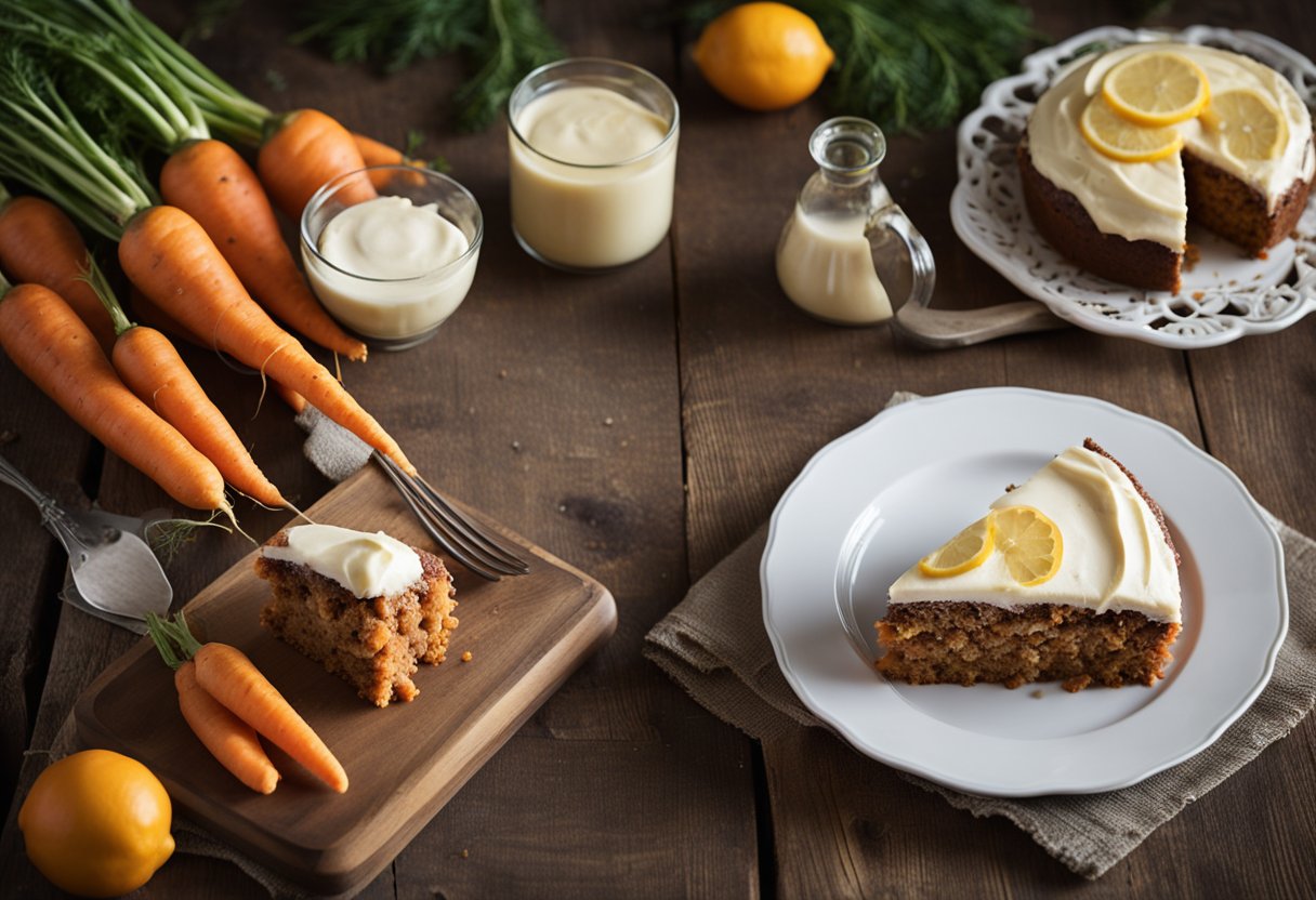 Um bolo de cenoura caseiro com cobertura de limão está sobre uma mesa de madeira rústica, cercado por cenouras frescas e um livro de receitas vintage.