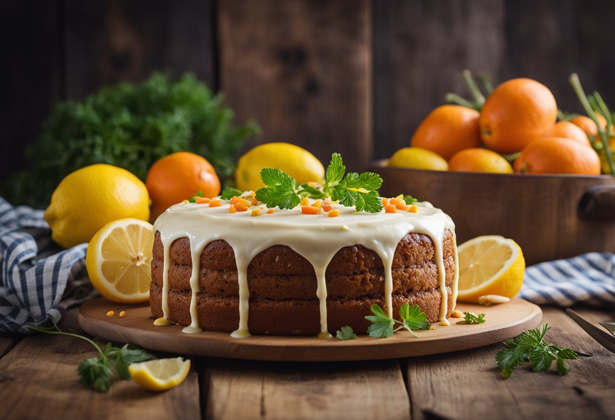 Um bolo de cenoura caseiro repousa sobre uma mesa de madeira rústica, coberto com uma cobertura de limão cítrico e cercado por cenouras e limões frescos.