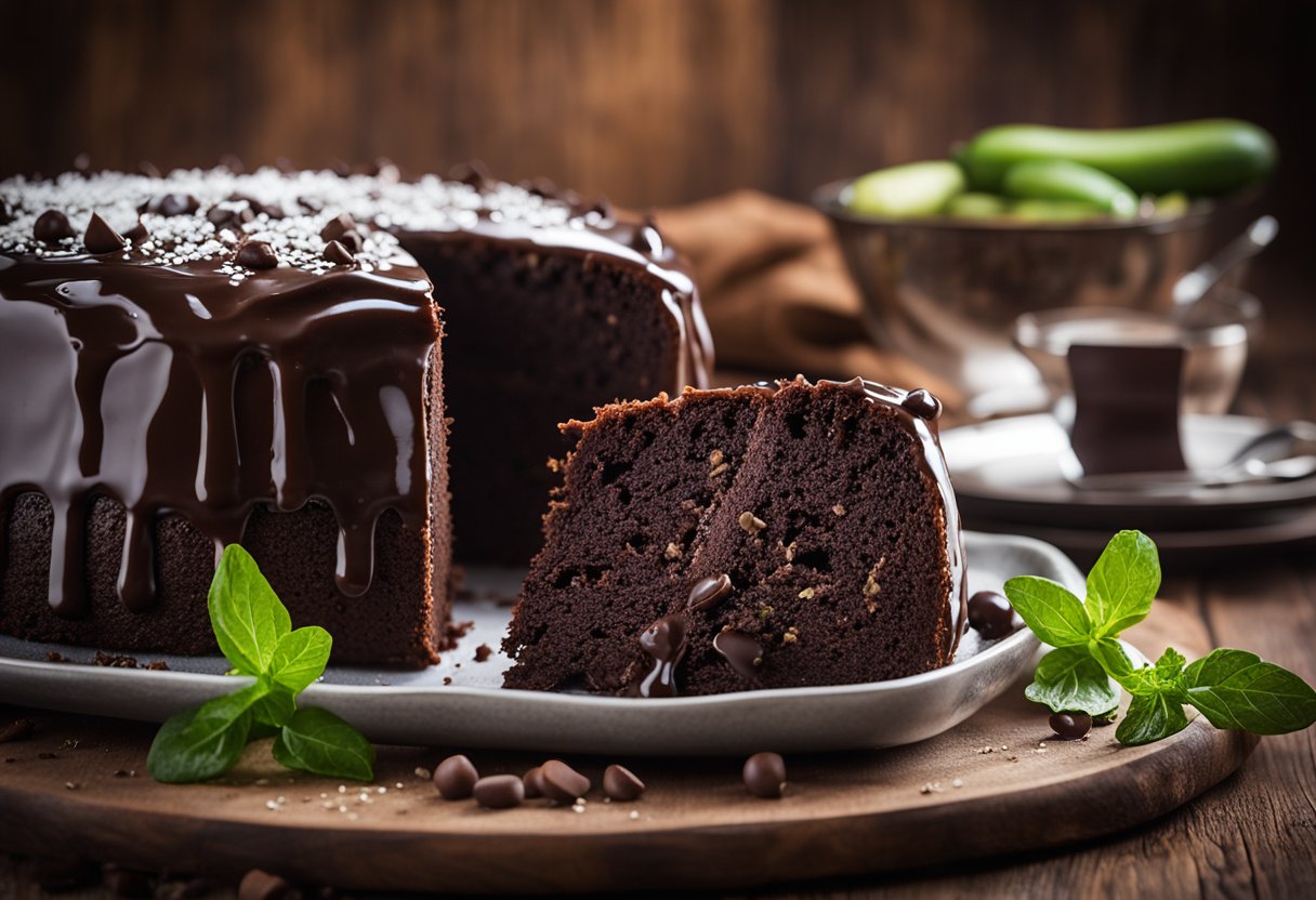 Um bolo de chocolate rico com abobrinha ralada, coberto com uma cobertura de chocolate brilhante, repousando sobre uma mesa de madeira rústica.