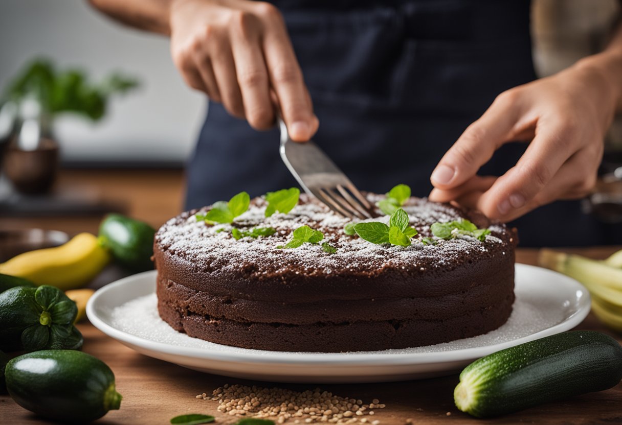 Um bolo de abobrinha com chocolate sendo preparado com ingredientes frescos em uma bancada de cozinha rústica.