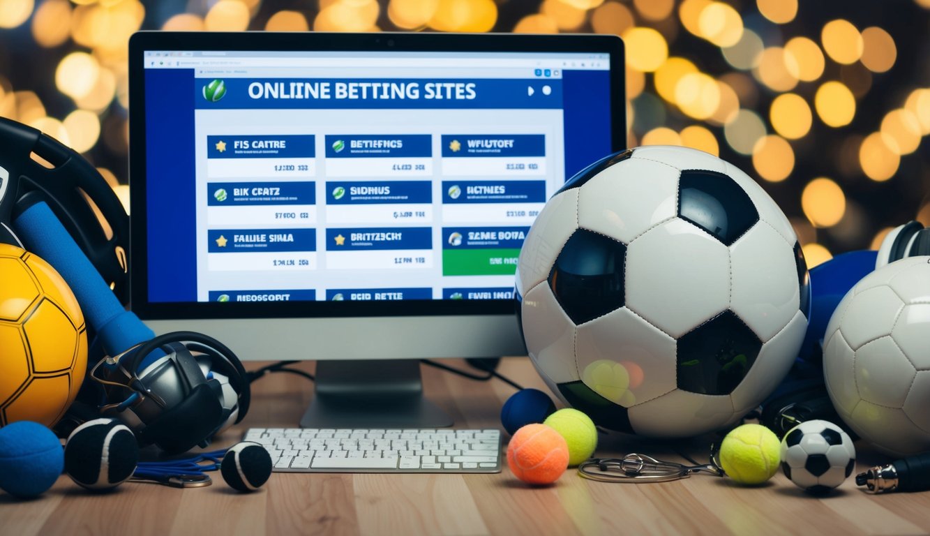 Sebuah bola sepak dikelilingi oleh berbagai peralatan olahraga dan layar komputer yang menampilkan daftar situs taruhan online dengan bonus menarik