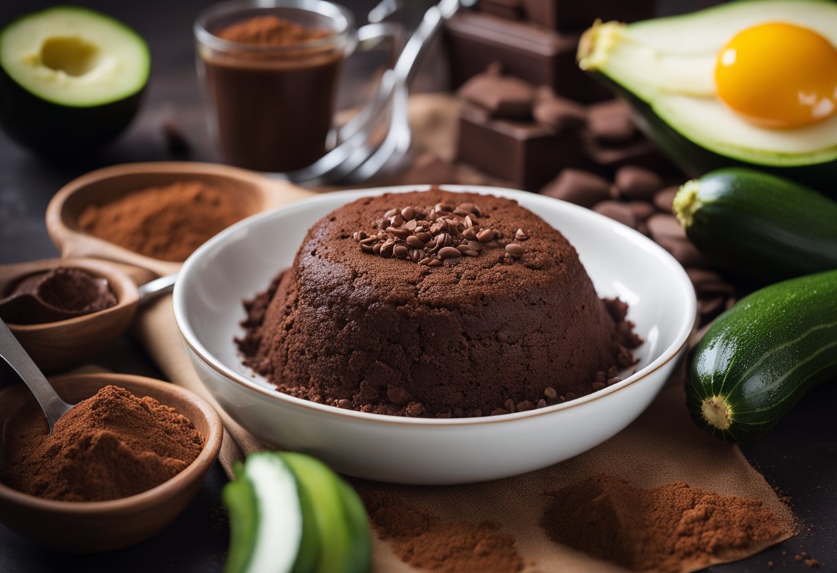 Um bolo de abobrinha com chocolate sendo misturado em uma tigela, com abobrinha ralada e cacau em pó na mesa. Ingredientes como ovos e farinha estão próximos.