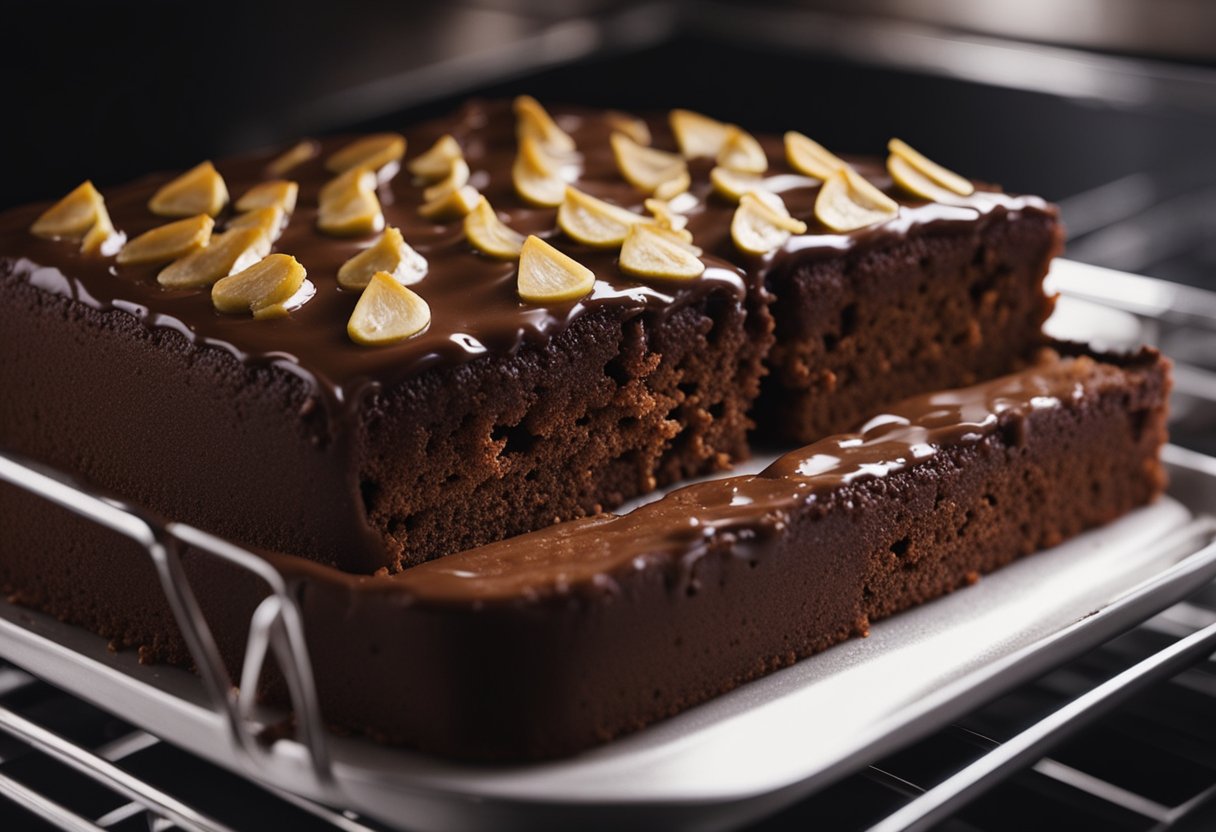 Um bolo de abobrinha com chocolate assando no forno, preenchendo a cozinha com um aroma rico e doce. O bolo está crescendo e ficando dourado nas bordas.