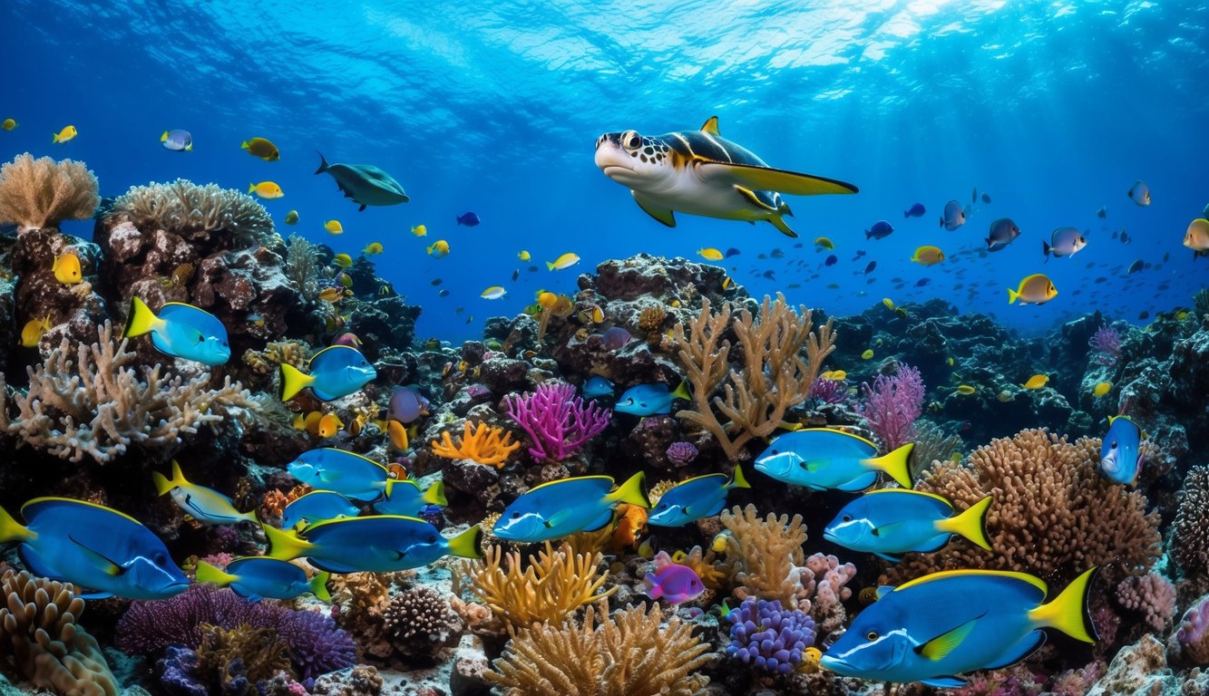 Sebuah dunia bawah laut yang hidup dengan makhluk laut yang berwarna-warni dan detail, di latar belakang terumbu karang yang menakjubkan dan air yang jernih