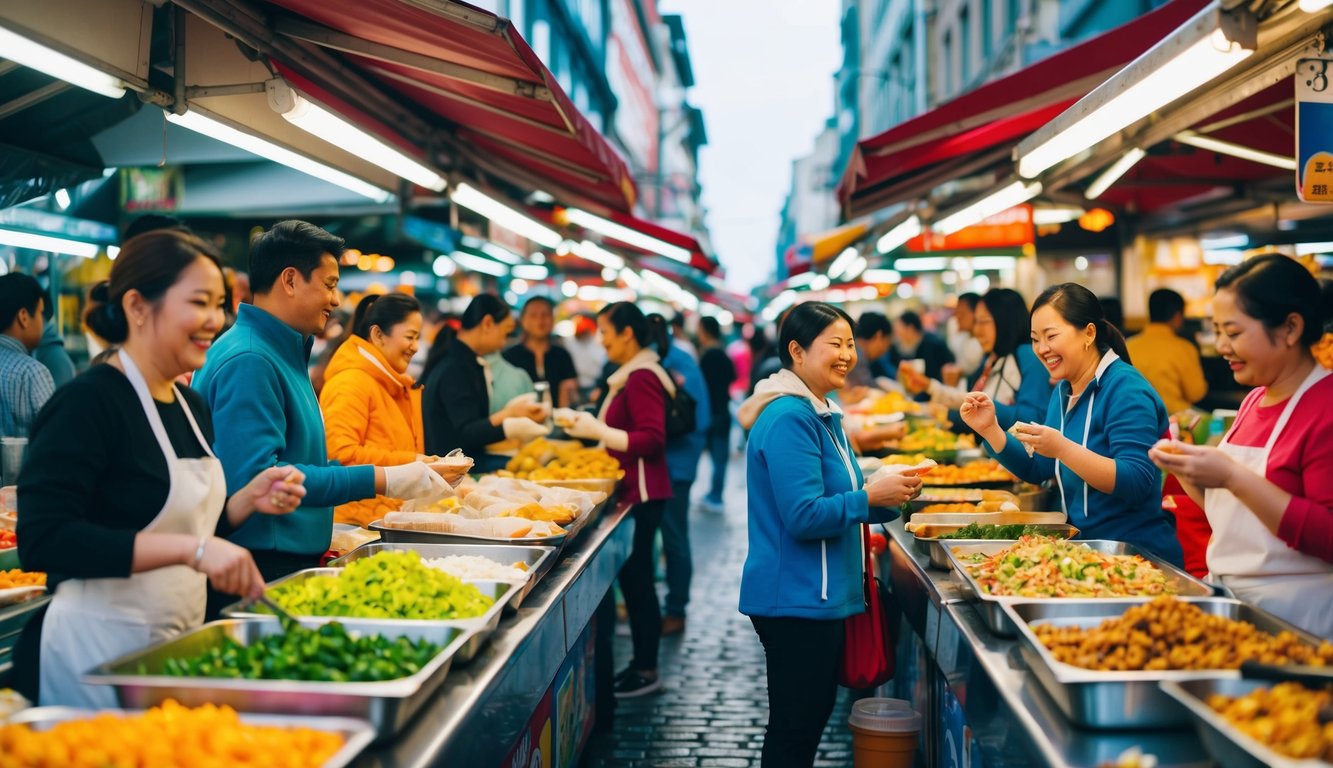 Pasar jalanan yang ramai dengan stan makanan berwarna-warni dan pelanggan yang senang menikmati hidangan yang lezat dan terjangkau