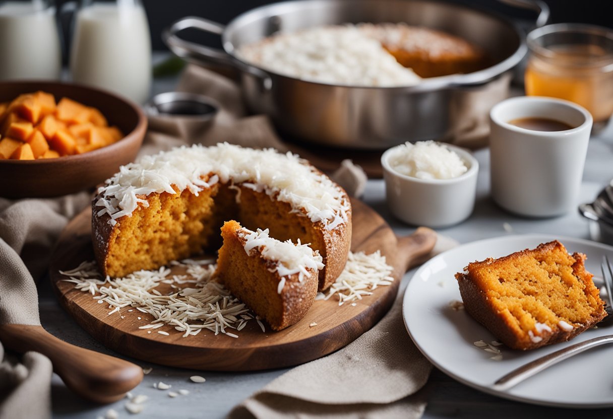 Uma mesa de cozinha rústica com um bolo de batata-doce e coco recém-assado, cercada por ingredientes como batatas-doces, coco ralado e uma tigela de mistura.