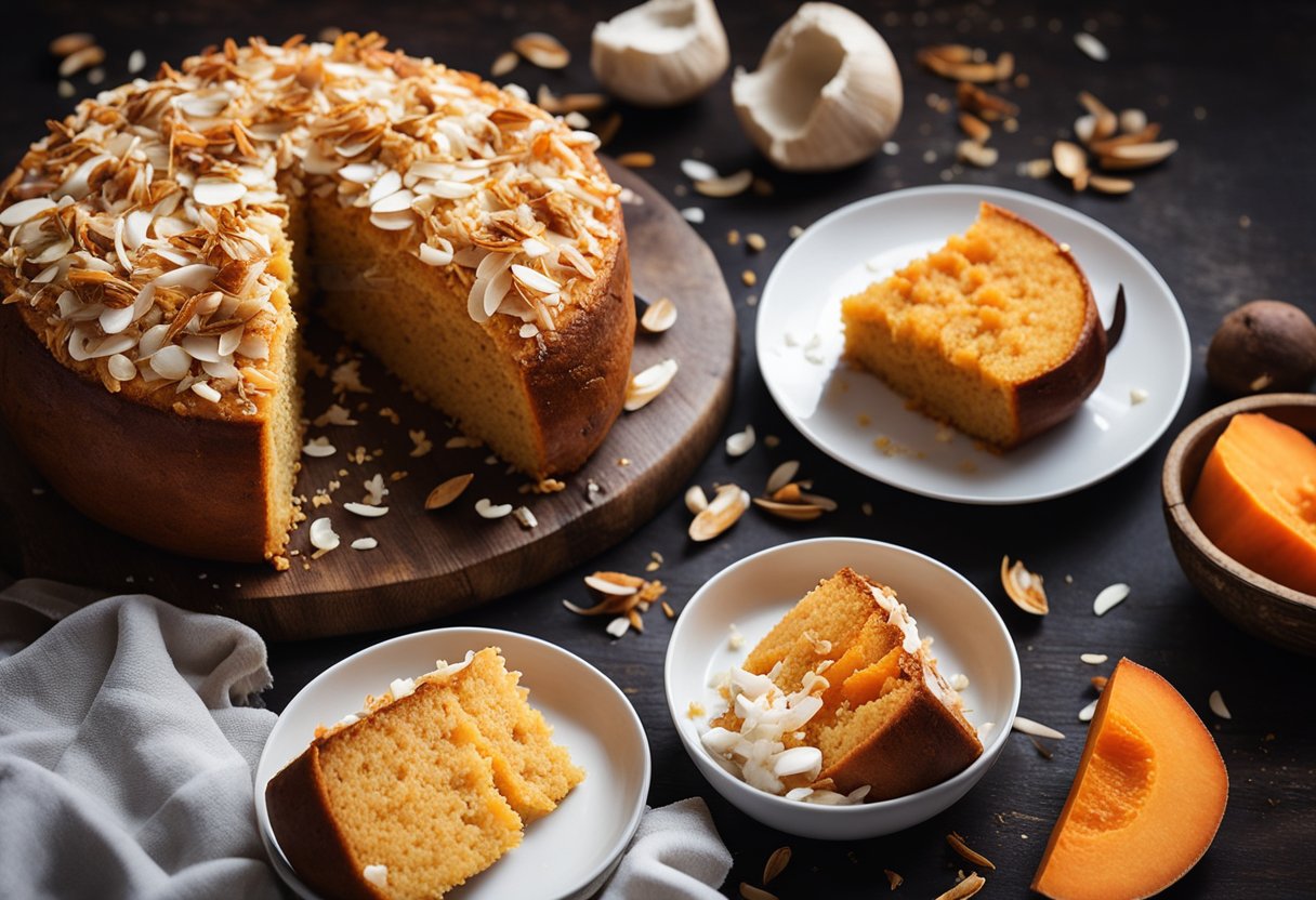 Uma mesa de cozinha rústica adornada com um bolo de batata-doce e coco recém-assado, cercada por flocos de coco espalhados e algumas batatas-doces inteiras.