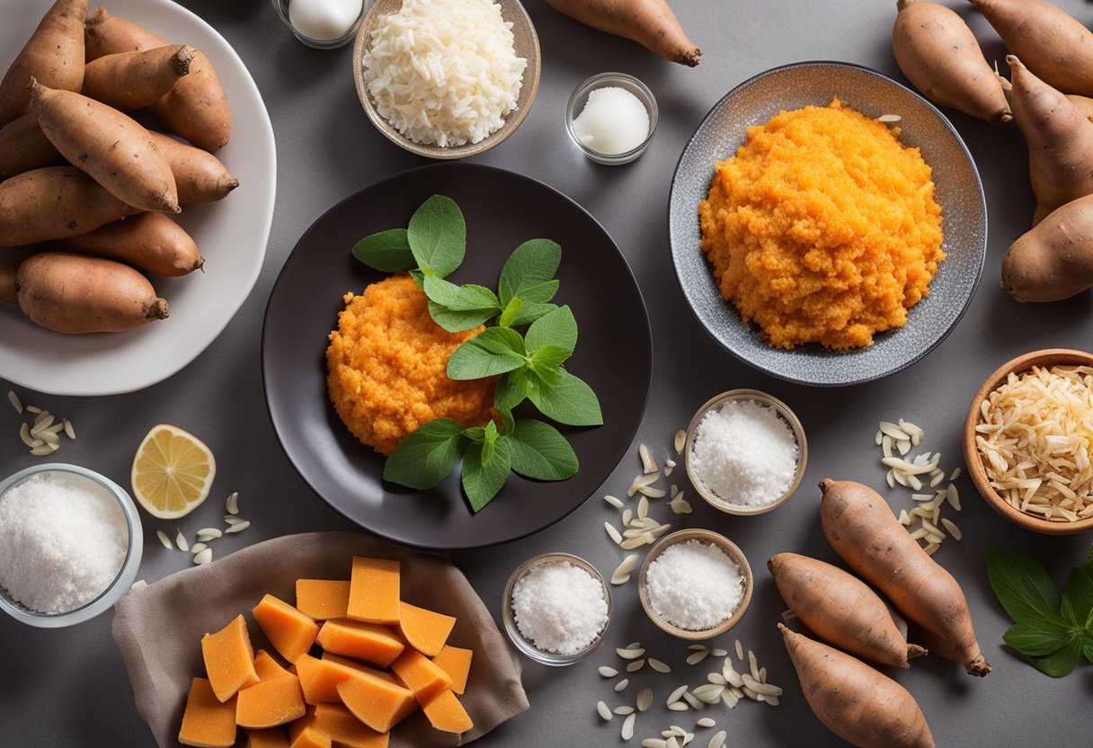 Uma mesa com batatas-doces frescas, coco ralado, farinha e outros ingredientes de confeitaria organizados de forma ordenada para fazer um bolo tradicional e saudável de batata-doce e coco.