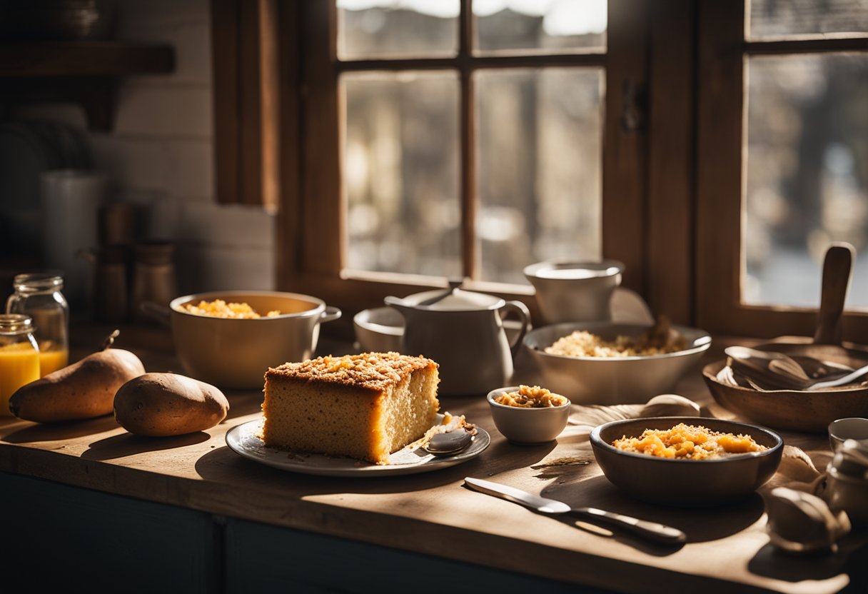 Uma cozinha rústica com uma mesa de madeira segurando um bolo de batata-doce e coco recém-assado, cercada por ingredientes e utensílios. A luz do sol entra por uma janela, projetando sombras quentes na cena.