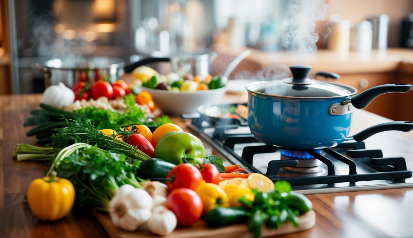 Sebuah meja yang disiapkan dengan berbagai bahan segar yang berwarna-warni dan peralatan memasak, dengan panci yang mengeluarkan uap di atas kompor