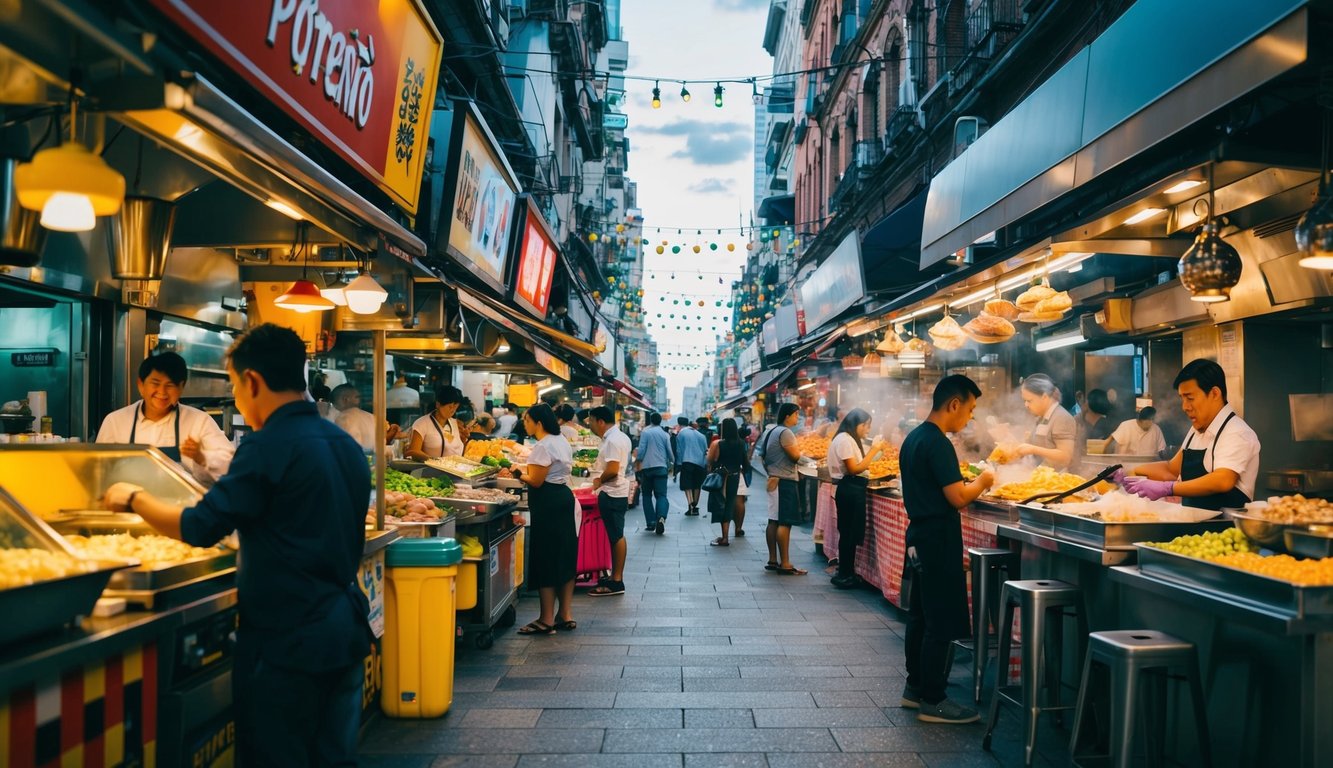 Sebuah jalan kota yang ramai dipenuhi dengan berbagai kios makanan dan restoran, mengeluarkan aroma menggoda dan warna-warna cerah