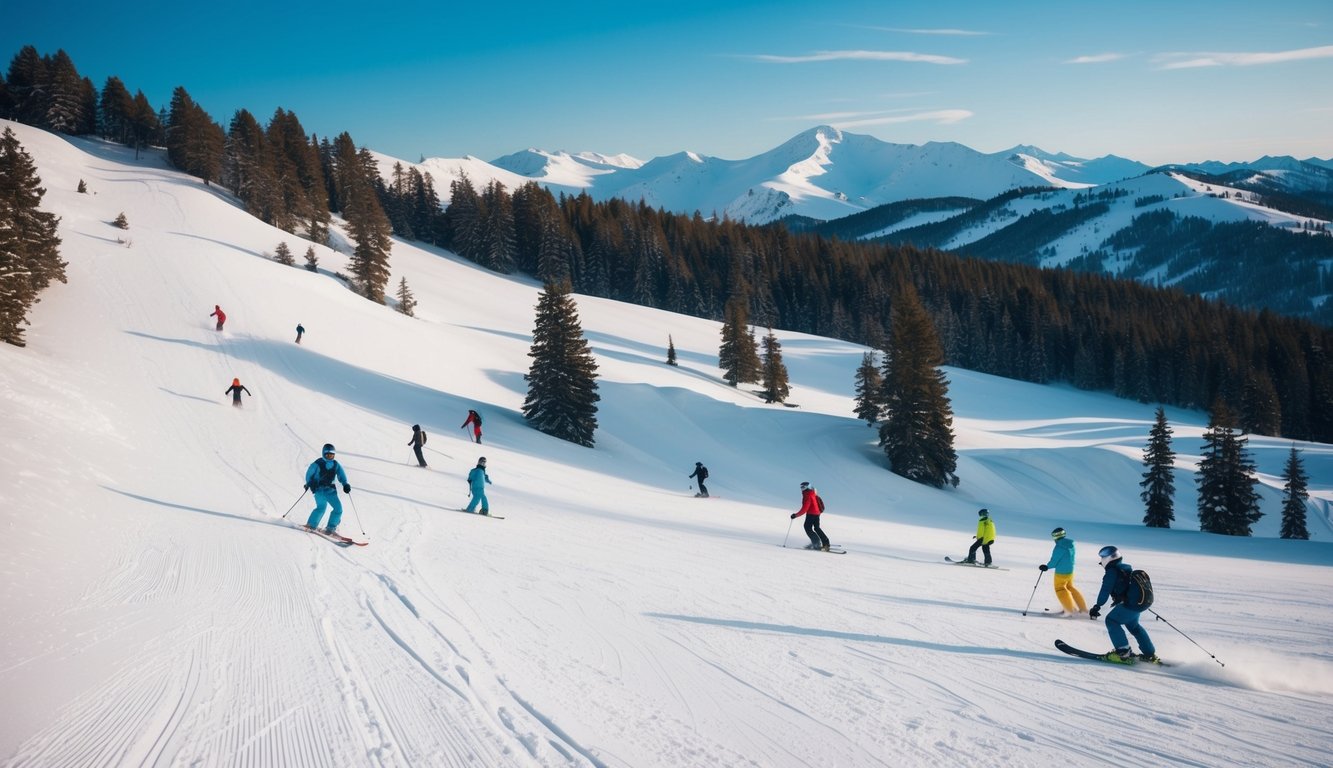 Sebuah pemandangan gunung bersalju dengan orang-orang yang bermain ski dan snowboarding di lereng, dikelilingi oleh pohon pinus dan langit biru yang cerah