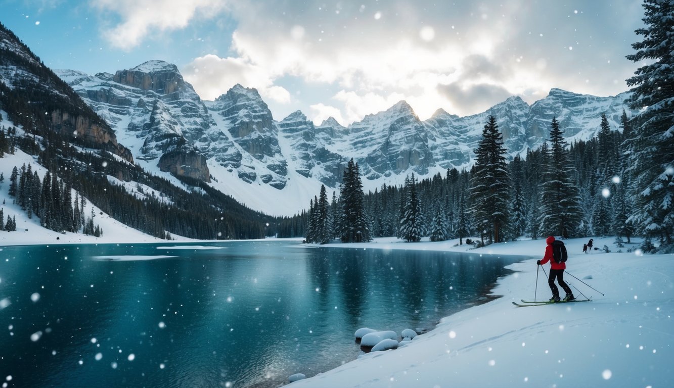 Lanskap bersalju dengan pegunungan, pohon pinus, dan danau beku. Butiran salju jatuh dan seorang figure sedang bermain ski di kejauhan.