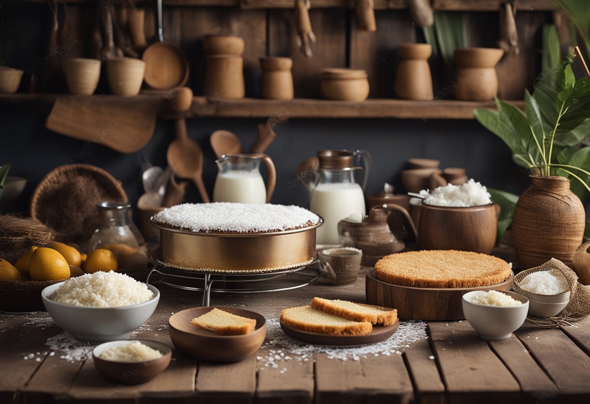 Uma cozinha rústica com uma mesa de madeira vintage, decorada com um bolo de tapioca e coco recém-assado, cercada por utensílios de cozinha tradicionais.