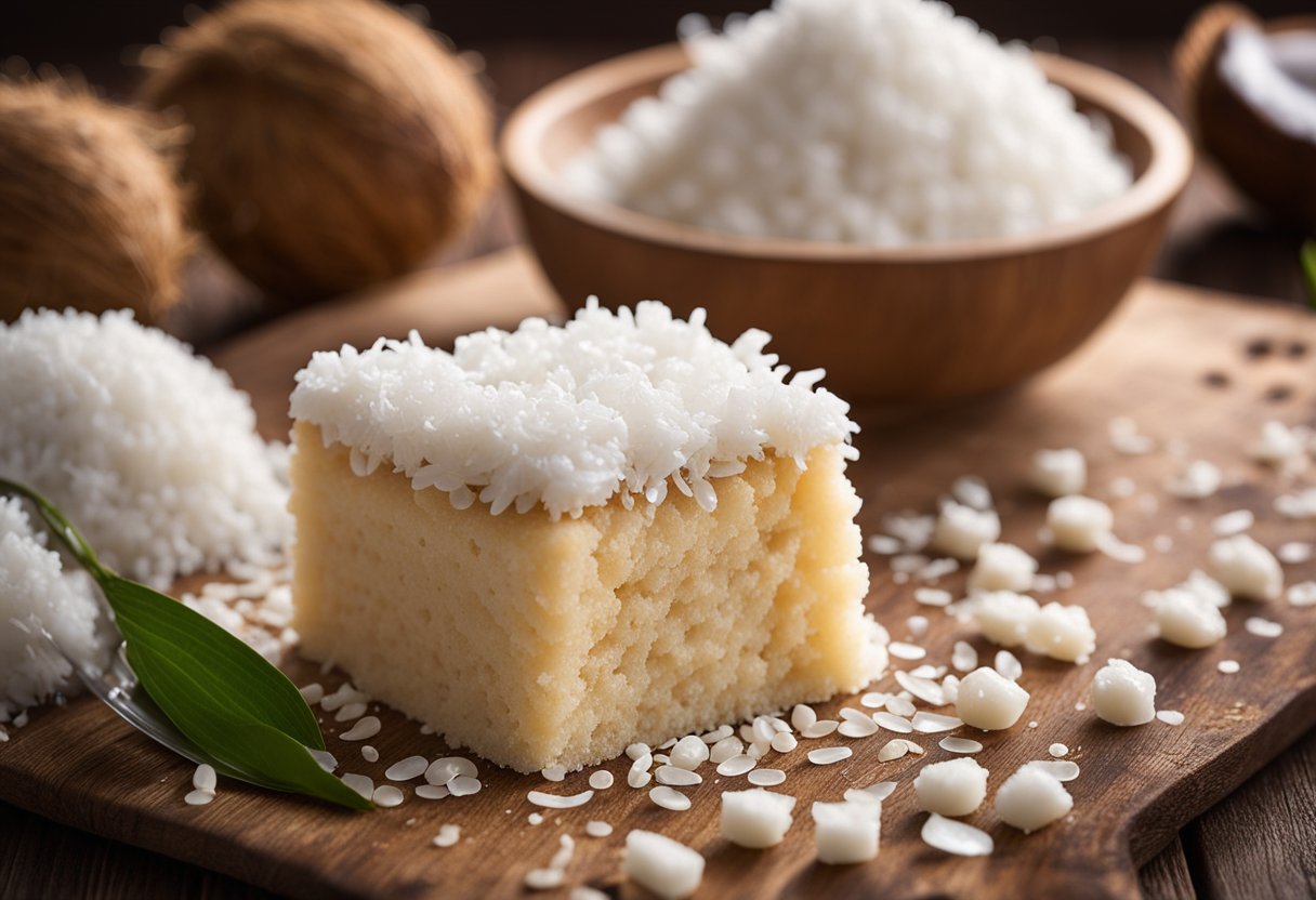 Uma bancada de cozinha rústica exibe um bolo de tapioca com coco recém-assado, cercado por pérolas de tapioca espalhadas e flocos de coco.