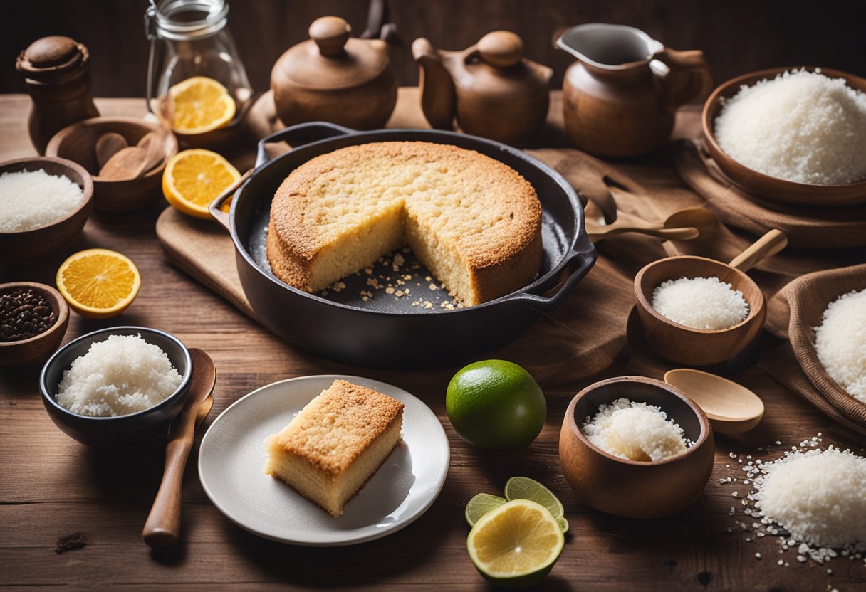 Uma bancada de cozinha rústica com um bolo caseiro de tapioca e coco cercado por utensílios e ingredientes de cozinha tradicionais.