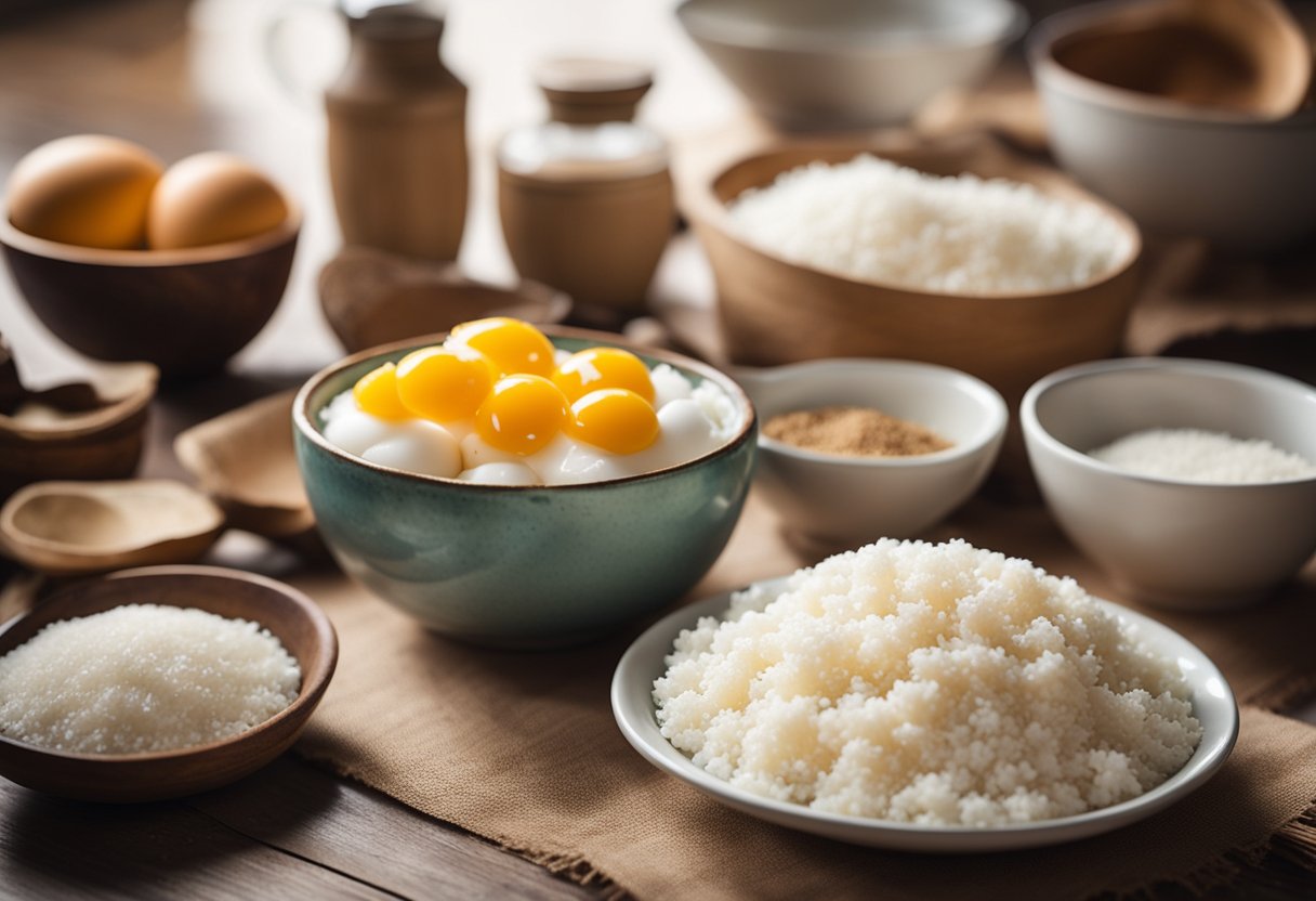 Uma bancada de cozinha rústica com ingredientes como tapioca, coco e ovos dispostos, ao lado de tigelas de mistura e um livro de receitas aberto na página de "Bolo de Tapioca com Coco."