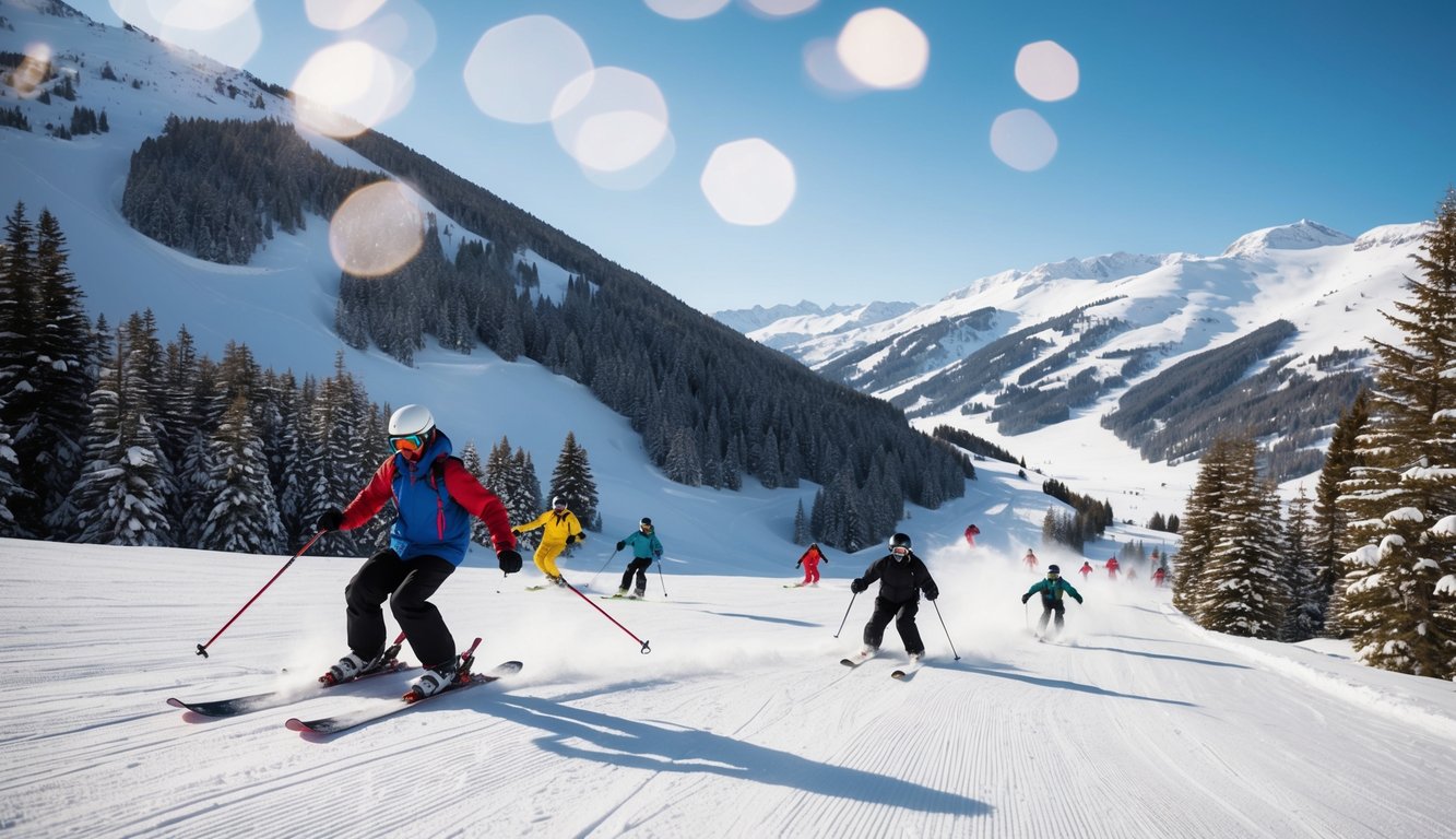 Lanskap alpine bersalju dengan pemain ski dan snowboarder yang meluncur turun dari lereng