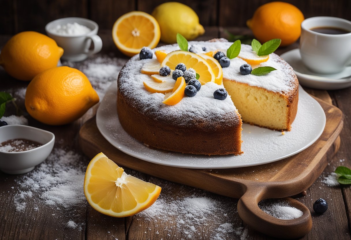 Um bolo de iogurte caseiro com raspas de laranja e limão repousa sobre uma mesa de madeira rústica, cercado por frutas frescas e uma camada de açúcar de confeiteiro.