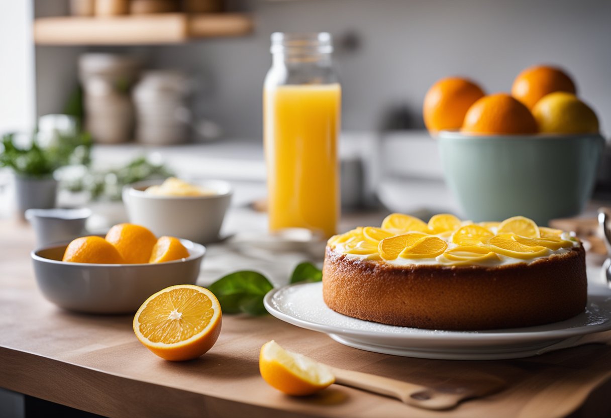 Um bolo de iogurte caseiro sendo preparado com raspas de laranja e limão frescas em uma cozinha clara e arejada.