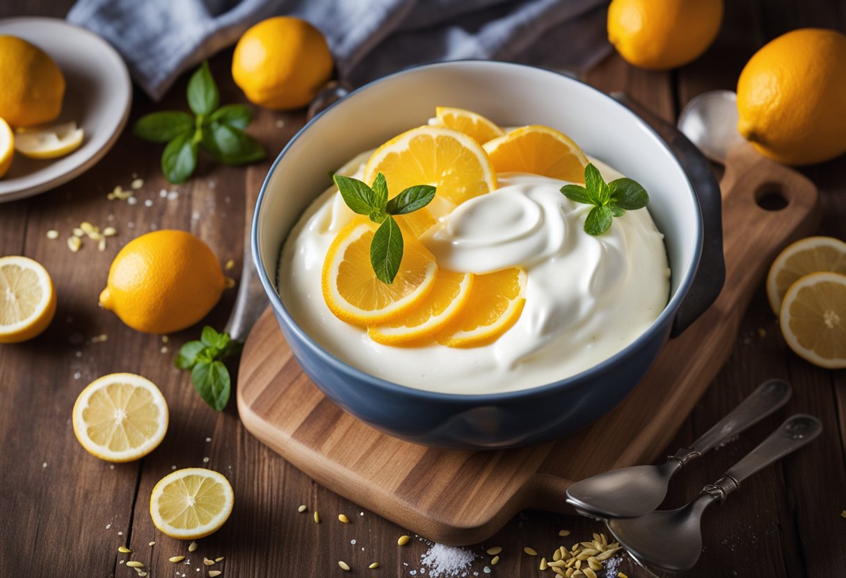 Uma tigela de mistura cheia de ingredientes para bolo de iogurte caseiro, com raspas de laranja e limão em uma mesa de madeira