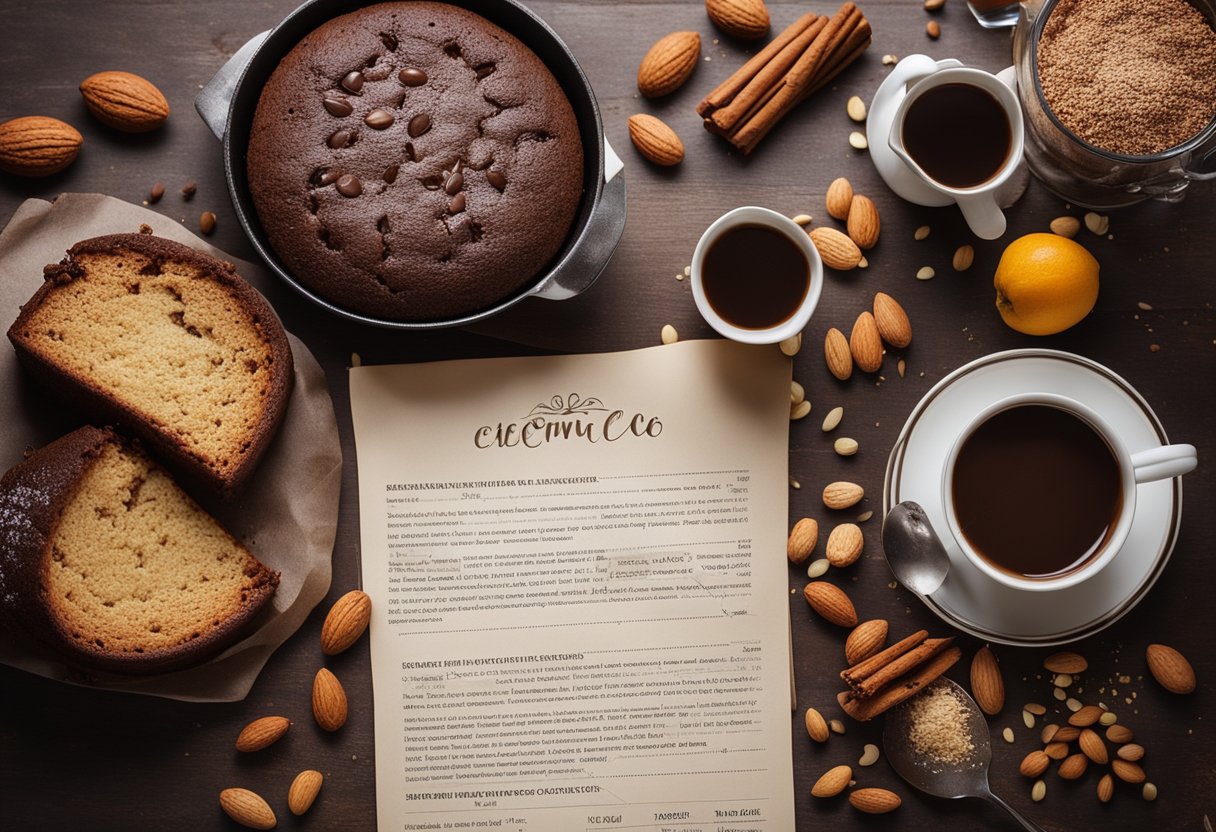 Uma mesa de cozinha rústica com um bolo de cacau e amêndoas recém-assado, cercada por ingredientes espalhados e um cartão de receita escrito à mão