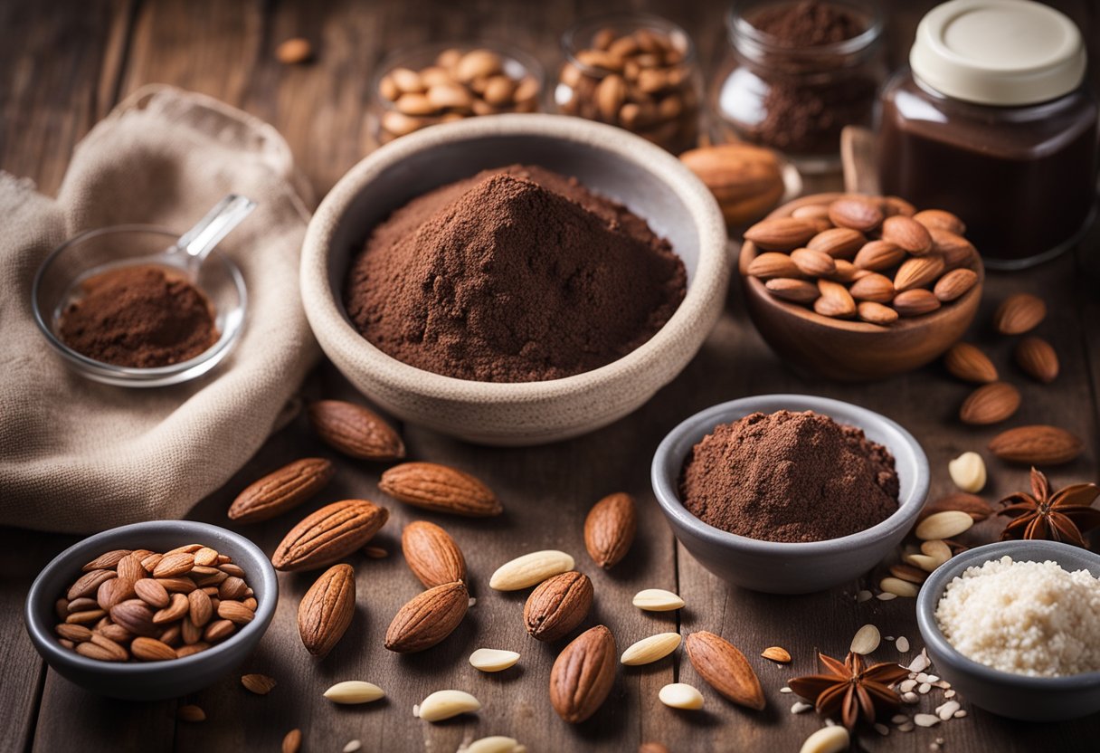 Uma bancada de cozinha rústica com ingredientes espalhados para um bolo de cacau e amêndoas, incluindo uma tigela de pó de cacau, um saco de amêndoas e um livro de receitas.