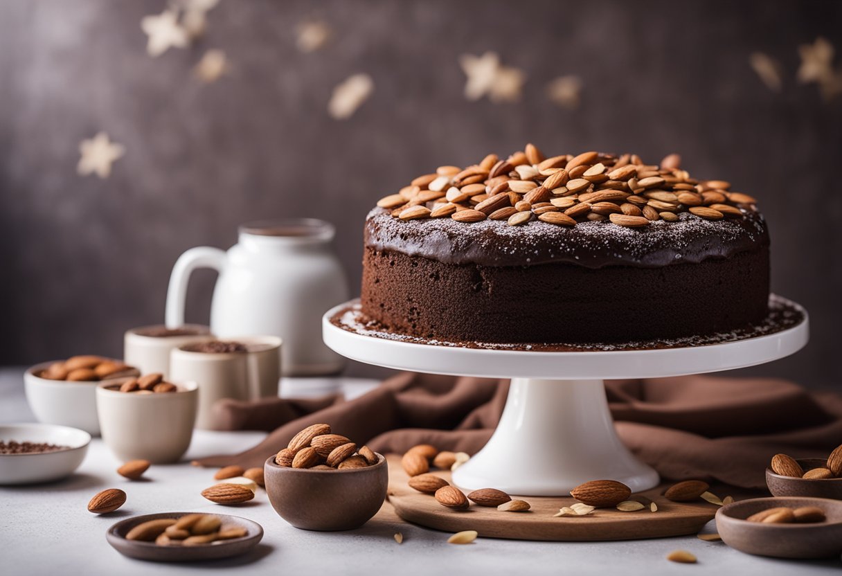 Um rico bolo de chocolate coberto com amêndoas está em um simples suporte de bolo branco, rodeado por cacau em pó espalhado e flocos de amêndoa.